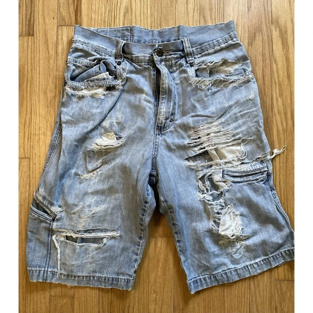 Vintage 90s Kikwear Distressed Denim Shorts Baggy Jorts Y2K Rave Skate RN 87490
